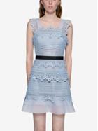Romwe Sky Blue Lace Contrast Waist Ruffle Hem Dress
