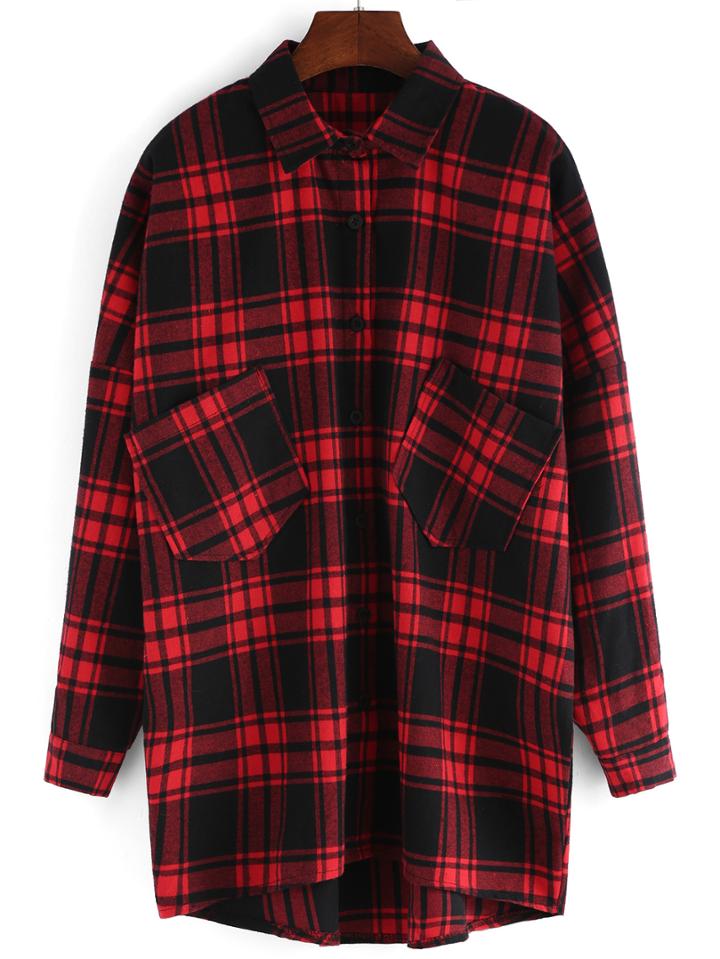 Romwe Lapel Plaid High Low Pockets Red Blouse