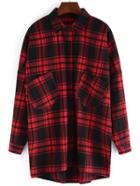 Romwe Lapel Plaid High Low Pockets Red Blouse