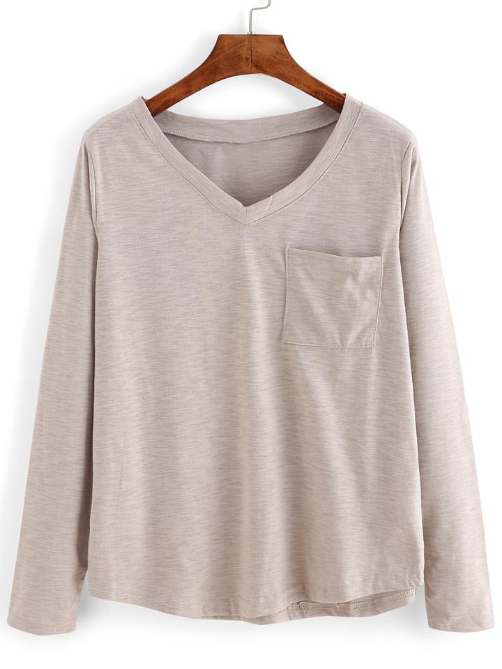 Romwe V Neck Grey T-shirt With Pocket