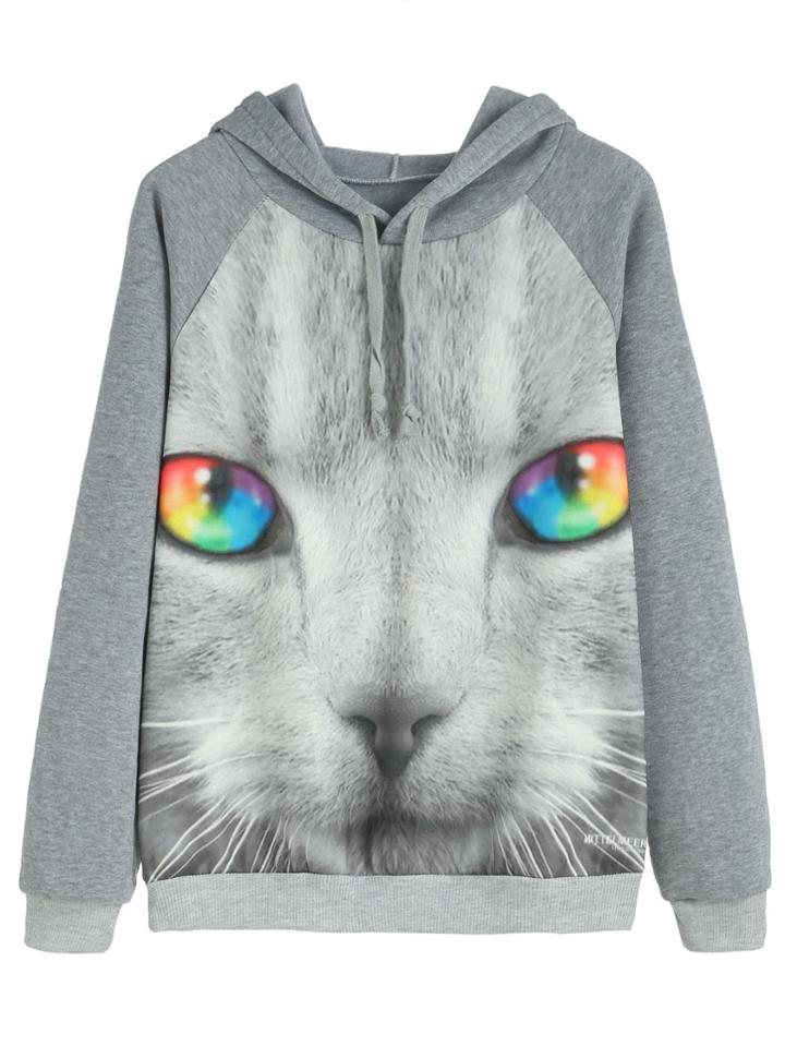 Romwe Contrast Trim Cat Print Hooded Sweatshirt