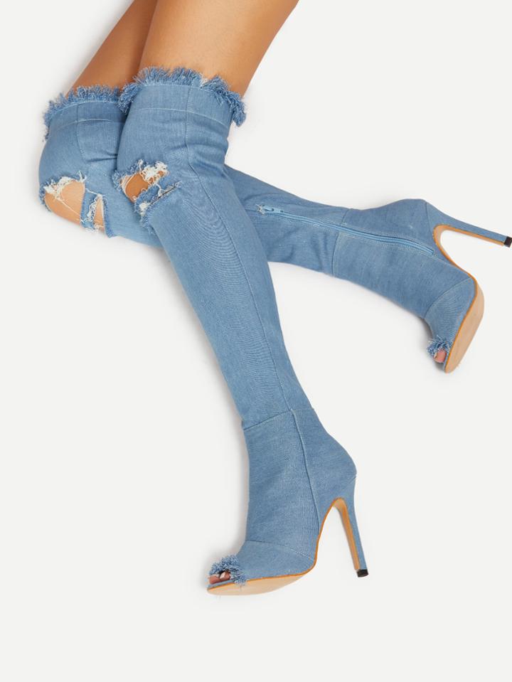 Romwe Raw Trim Open Toe Thigh High Denim Boots