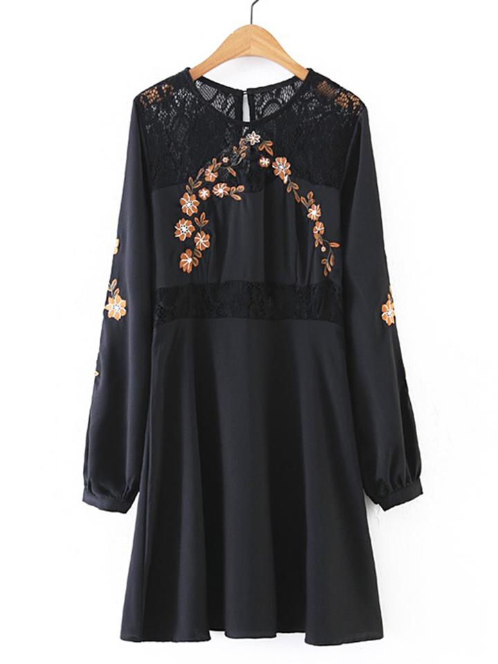 Romwe Contrast Lace Flower Embroidery Dress