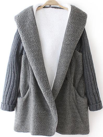 Romwe Hooded Contrast Sleeve Pockets Grey Coat