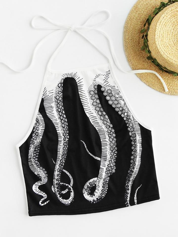 Romwe Halter Neck Printed Random Crop Top