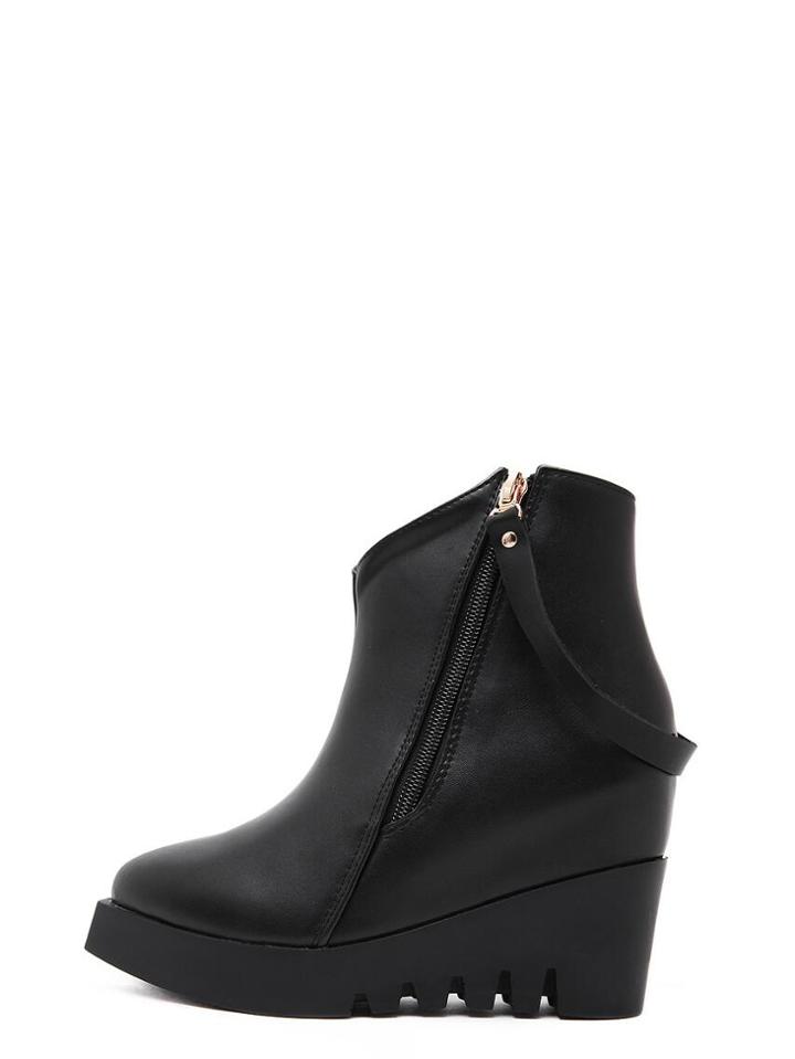 Romwe Black Faux Leather Side Zipper Strap Wedge Boots