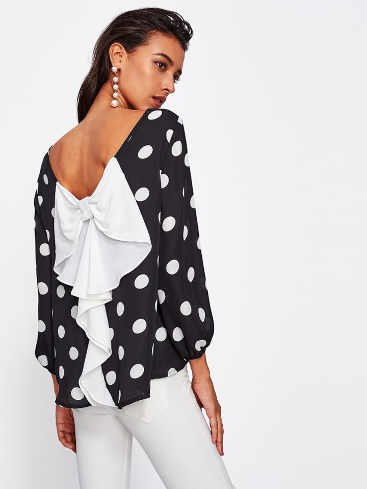 Romwe Bow Back Polka Dot Blouse