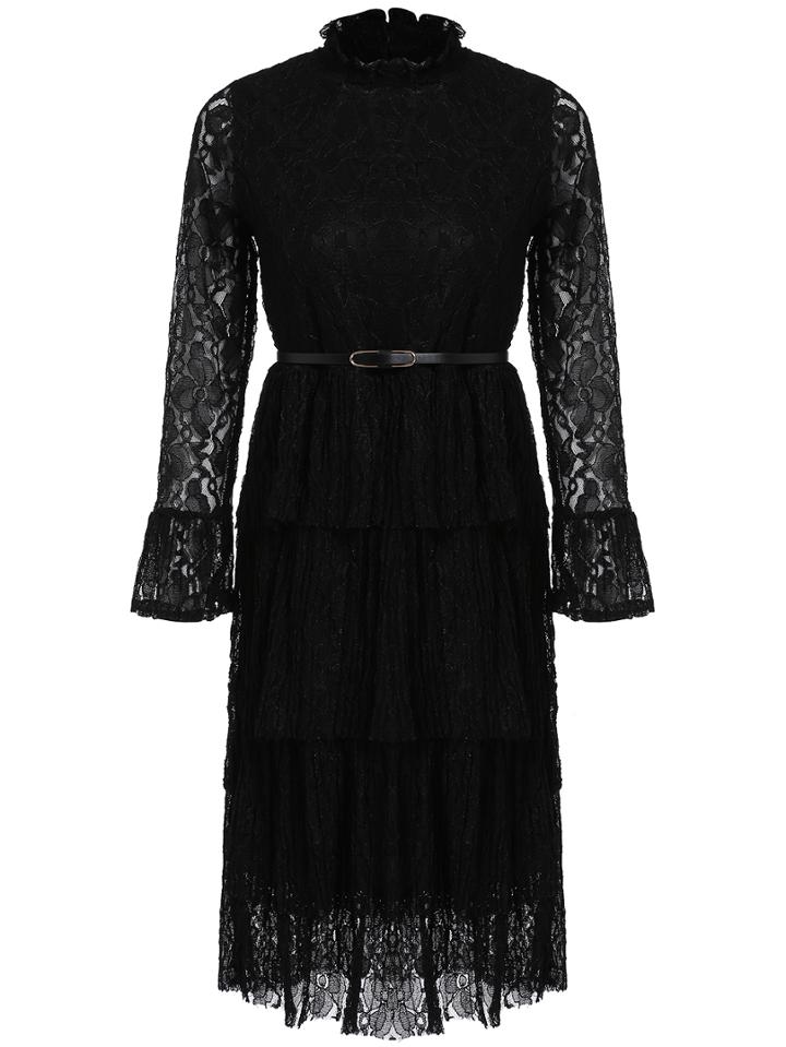 Romwe Ruffle Collar Bell Sleeve Lace Pleated Dress