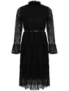 Romwe Ruffle Collar Bell Sleeve Lace Pleated Dress