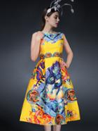 Romwe Sleeveless Dragon Print Flare Dress