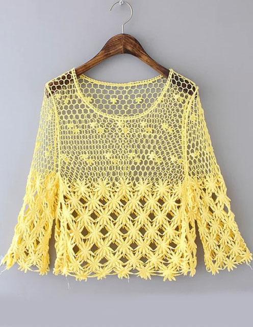 Romwe Floral Crochet Hollow Yellow Blouse