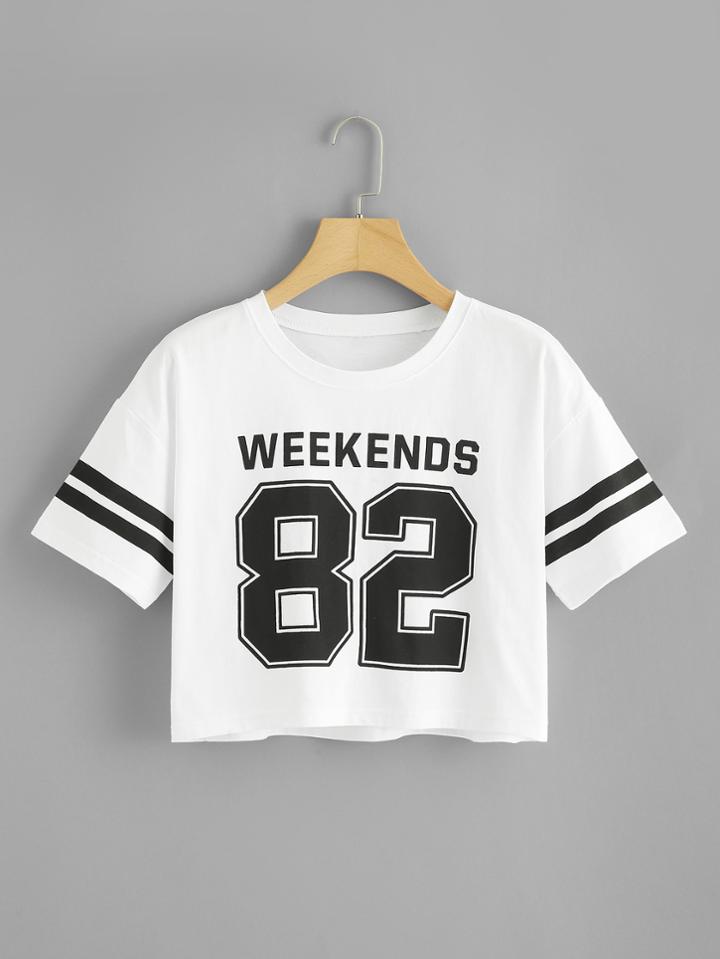 Romwe Varsity Print Crop Tee
