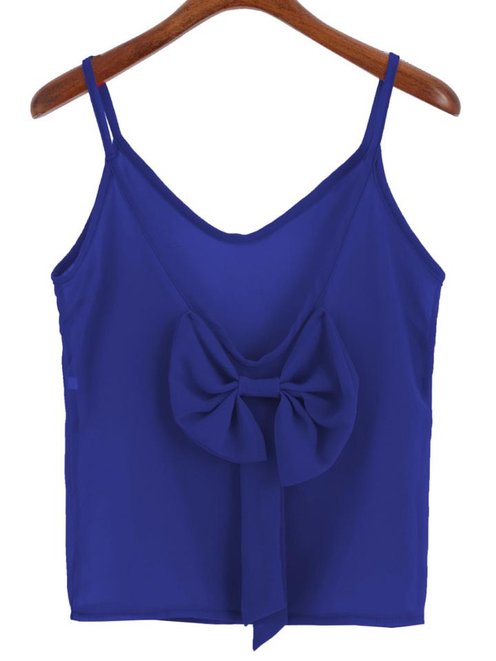 Romwe Spaghetti Strap Back Bow Chiffon Blue Cami Top