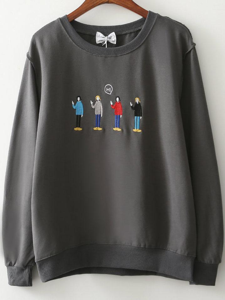 Romwe Dark Grey Cartoon Embroidery Sweatshirt