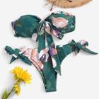 Romwe Random Floral Ruched Bandeau With Tie Side Bikini