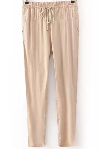 Romwe Khaki Drawstring Waist Rivet Pant