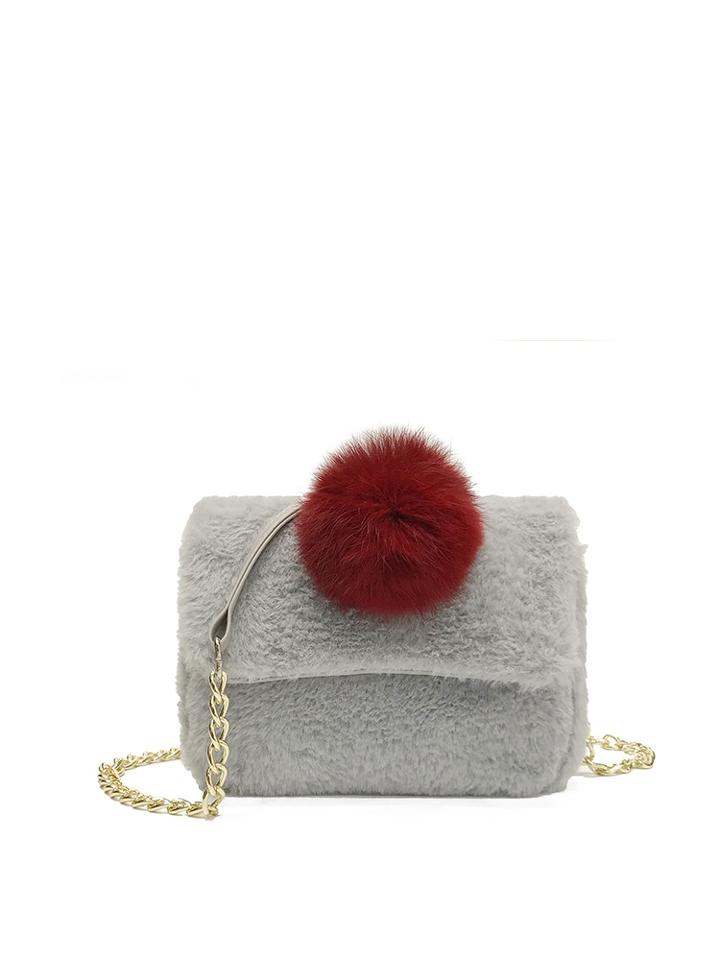Romwe Pom Pom Decorated Faux Fur Chain Bag