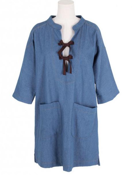Romwe V Neck Elbow Sleeve Pockets Bow Slit Denim Dress
