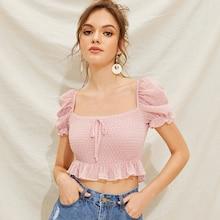 Romwe Swiss Dot Ruffle Hem Shirtted Top