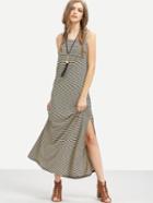 Romwe Black Striped Sleeveless Split Side Maxi Dress