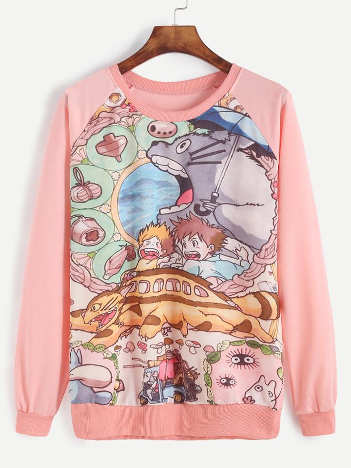 Romwe Pink Cartoon Print Raglan Sleeve Sweatshirt