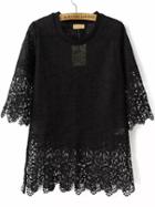 Romwe Black Short Sleeve Hollow Floral Crochet Blouse