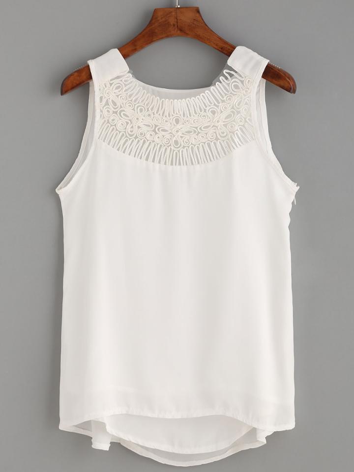 Romwe White Applique Mesh Neck Tank Top