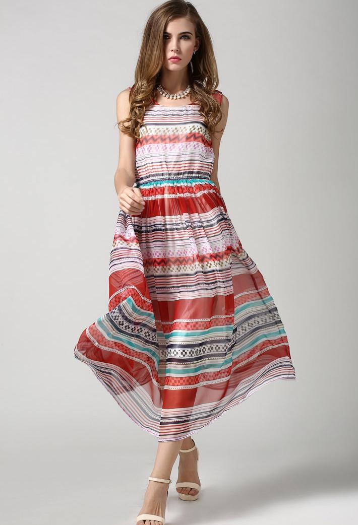 Romwe Round Neck Striped Chiffon Dress