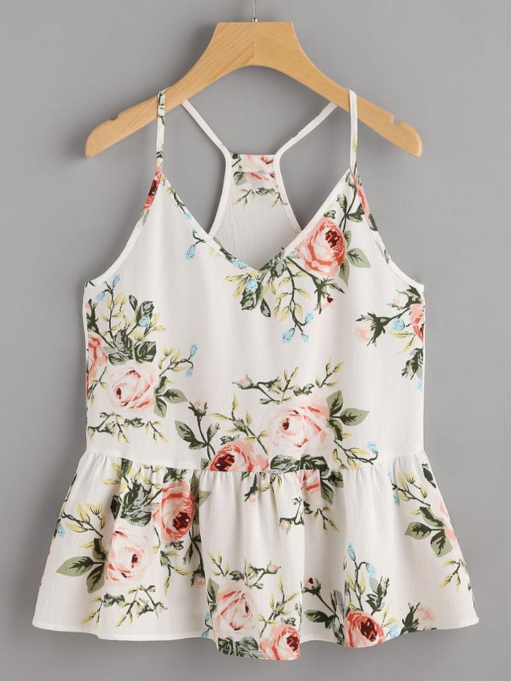 Romwe Rose Cluster Print Peplum Racerback Cami Top