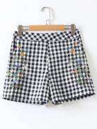 Romwe Flower Embroidery Checkered Shorts