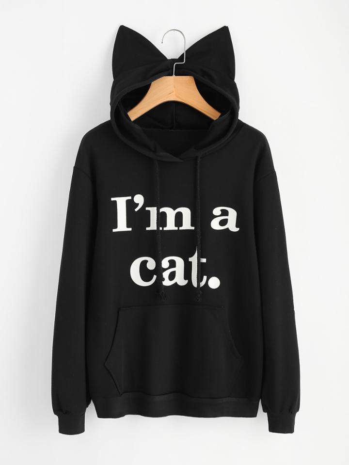Romwe Slogan Print Cat Ear Hoodie