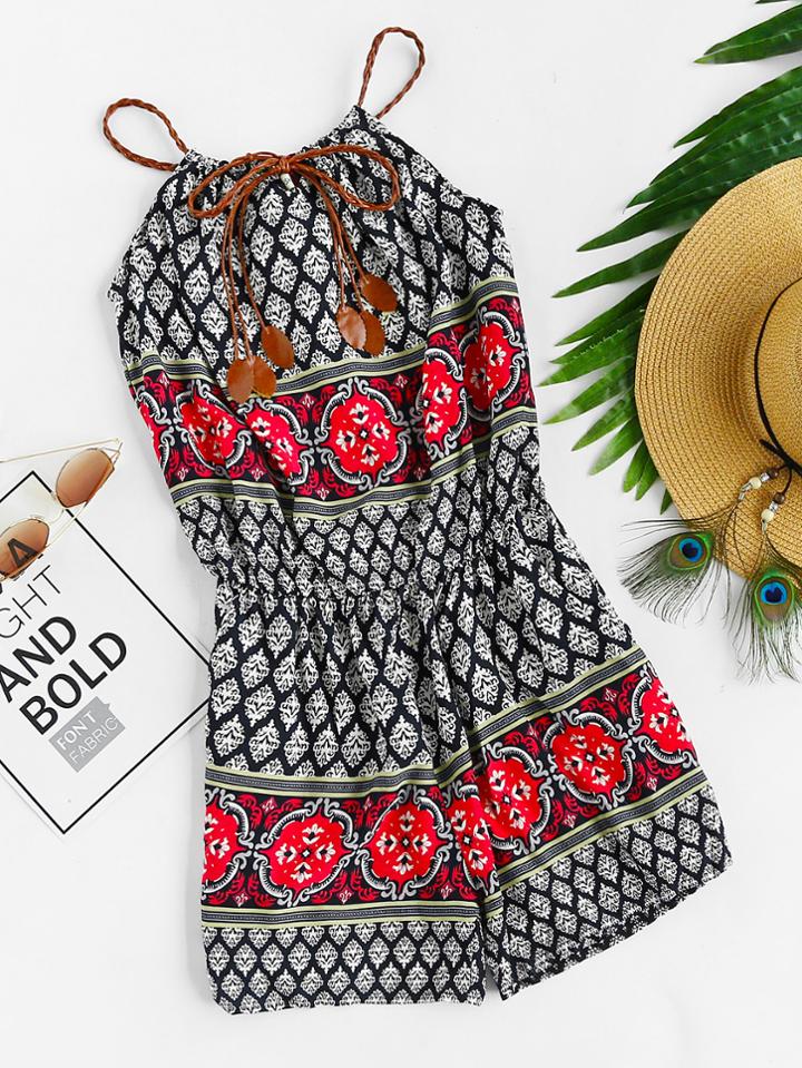 Romwe Tile Print Braided Strap Self Tie Playsuit