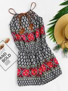Romwe Tile Print Braided Strap Self Tie Playsuit