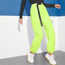Romwe Neon Lime Push Buckle Waist Flap Pocket Pants