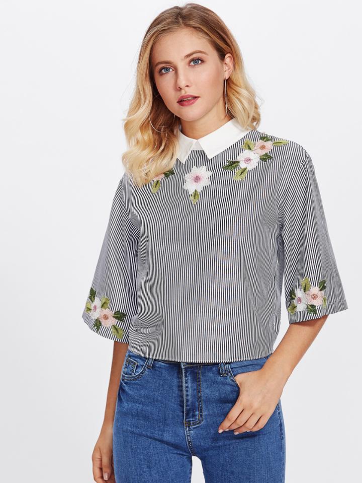 Romwe Knot Button Back Embroidery Pinstripe Blouse