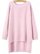 Romwe Raglan Sleeve Dip Hem Ribbed Slit Pink Jumper