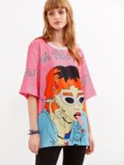 Romwe Multicolor Cartoon Printed Elbow Sleeve T-shirt