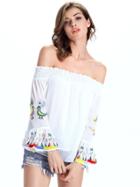Romwe White Shirred Off The Shoulder Embroidered Blouse