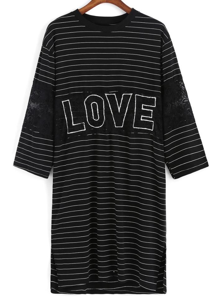 Romwe Lace Insert Striped Letter Print Black Dress