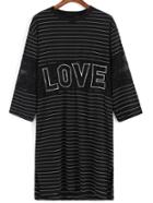 Romwe Lace Insert Striped Letter Print Black Dress