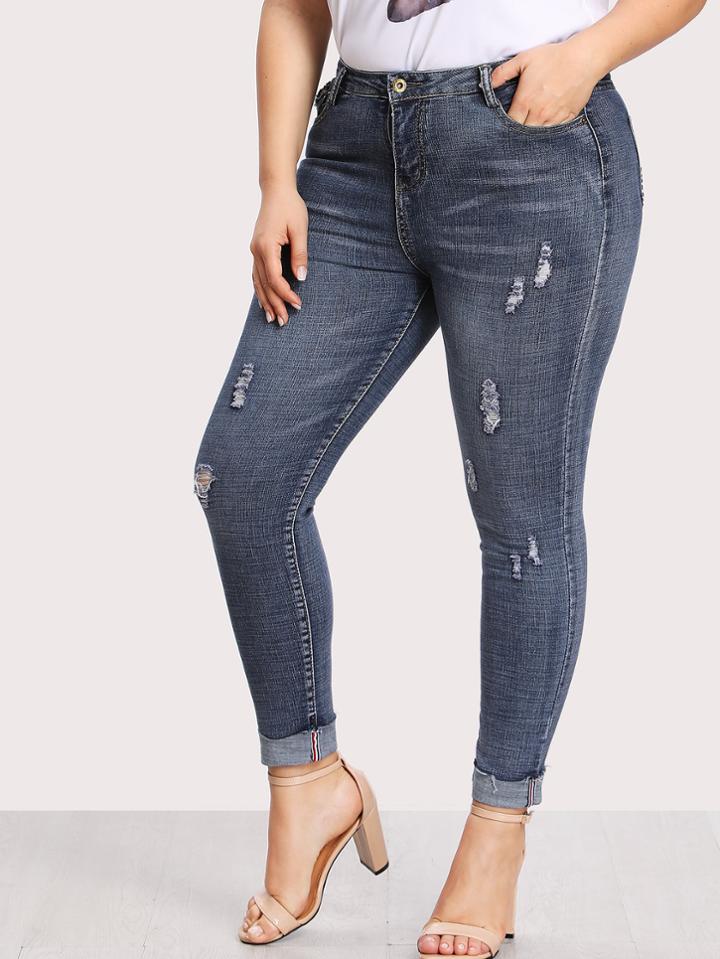 Romwe Dual Pocket Back Ripped Jeans
