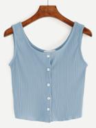 Romwe Blue Button Front Ribbed Tank Top