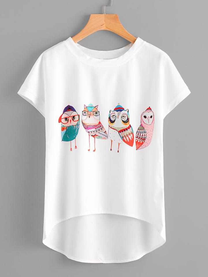 Romwe Cartoon Owl Print Dip Hem Chiffon Top