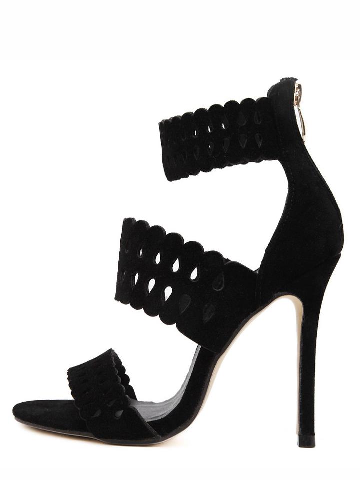 Romwe Black Peep Toe Zipper Hollow Sandals