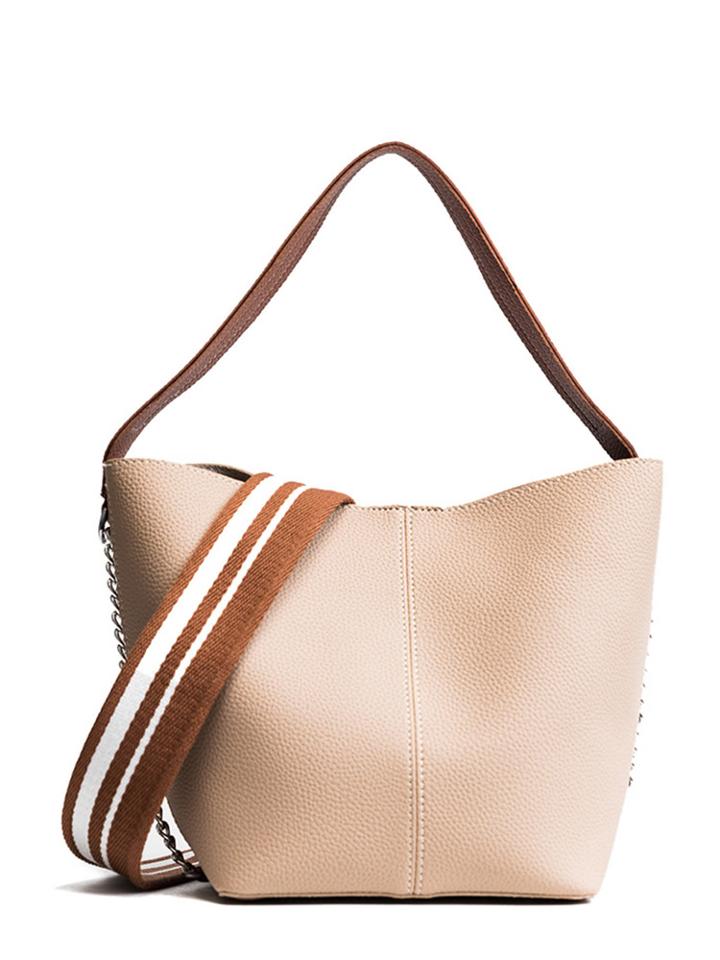 Romwe Faux Leather Chain Detail Bucket Bag With Wide Strap