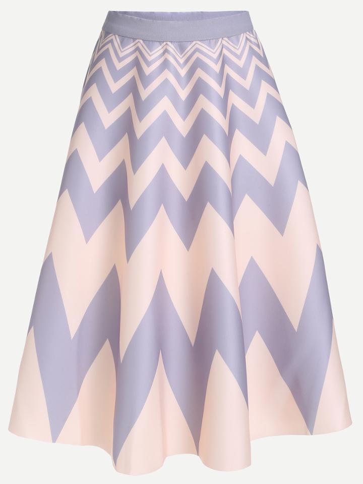Romwe Color Block Chevron Print A-line Skirt With Zipper