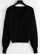 Romwe V Neck Pockets Black Sweater