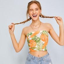 Romwe Tropical Print Bandeau Top