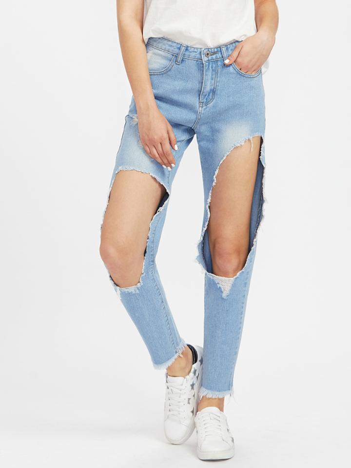 Romwe Light Wash Open Knee Boyfriend Jeans