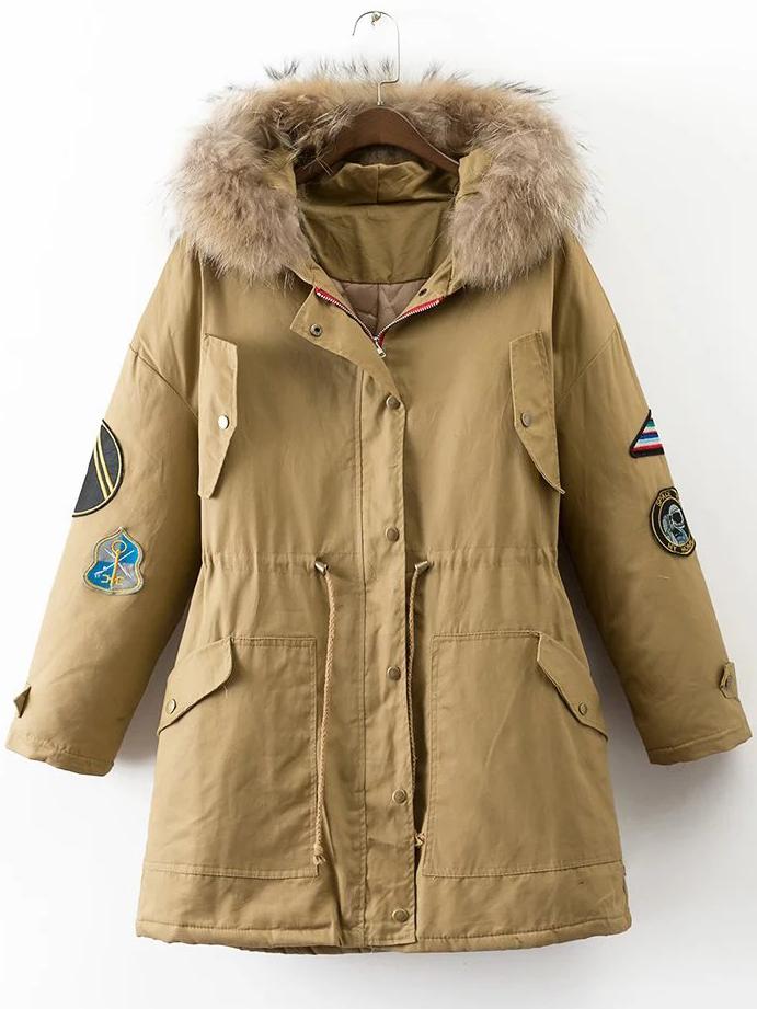 Romwe Khaki Embroidery Drawstring Waist Hooded Coat